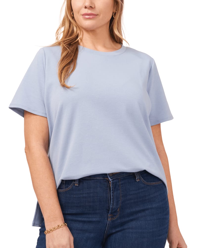 Front of a model wearing a size 1X Isabelle Crew Neck Blouse in 497-BLUE WILLOW by Vince Camuto. | dia_product_style_image_id:261833